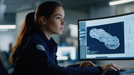 Poster - A focused individual working on a computer with engineering designs displayed on the screen.