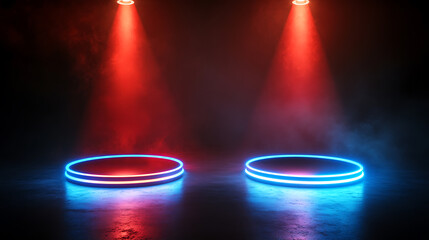 Poster - A versus-themed glowing pedestal with flares, symbolizing a battle or competition concept with red and blue neon glowing circles on the floor and shining projectors from above