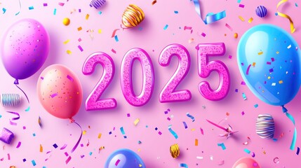 Wall Mural - new year 2025 celebration setup with colorful balloons and decorations