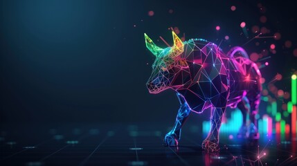 Poster - A vibrant, geometric bull symbolizing market trends, with a digital background and data visualization.