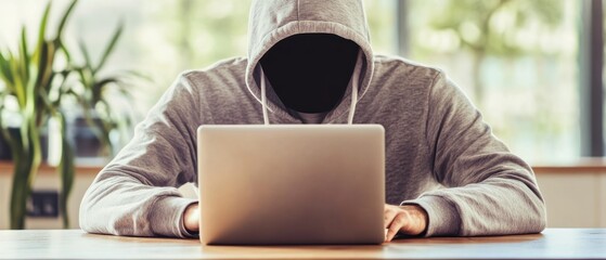 Poster - A person in a hoodie working on a laptop, face obscured, in a modern, bright environment.