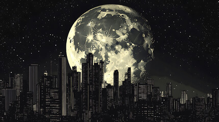Aufkleber - Graphic comic style, deep perspective view of the black and white nighttime city skyline with a large moon