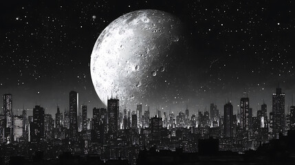 Fototapete - Graphic comic style, deep perspective view of the black and white nighttime city skyline with a large moon