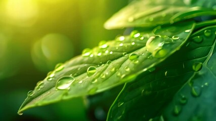 Poster - Sparkling droplets of morning dew cling to lush green leaves, catching the golden rays of sunlight and creating a mesmerizing display of nature's beauty