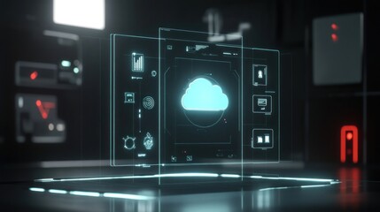 Poster - A digital interface displaying cloud storage features and options in a futuristic setting.