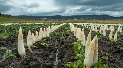 Aufkleber - New spring season white asparagus vegetables on the field ready for harvest, white asparagus heads growing from the ground on the farm