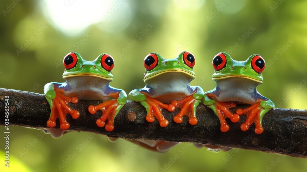 Frog Protection Celebration of World frog day: colorful frogs on a branch in lush ...