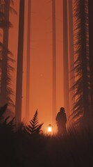 Poster - A lone figure with a lantern stands in a misty forest at dusk, surrounded by tall trees, AI