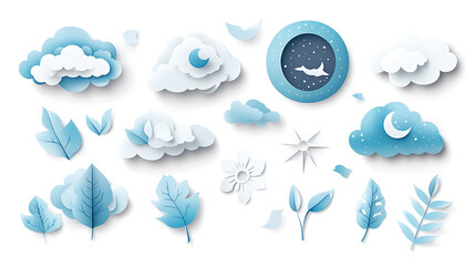 Poster - Weather icons are crafted in paper cut style on a white background, including white clouds, dew on leaves, fog signs, and symbols for day and night forecasts