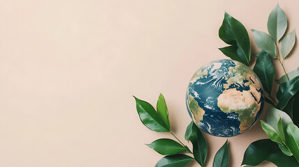Poster - An earth globe with green leaves on a light pastel background