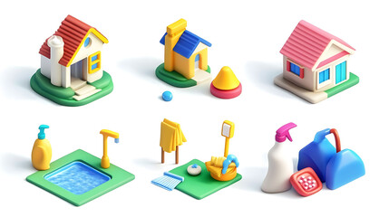 Poster - Clearing the 3D icon set, Housekeeping, House cleaning services, both wet and dry, Window cleaning, dishwashing, floor mopping, laundry, and spray cleaner, white background