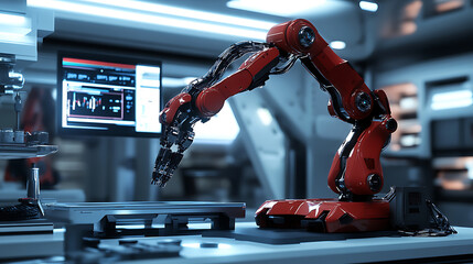 Poster - Vertical animation , Futuristic robotic arm in a high-tech laboratory environment