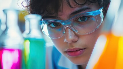 Poster - A focused young scientist examines colorful liquids in laboratory glassware.
