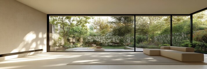 Aufkleber - This contemporary living room features expansive glass windows that bring in natural light and offer a beautiful view of a serene garden. Generative AI
