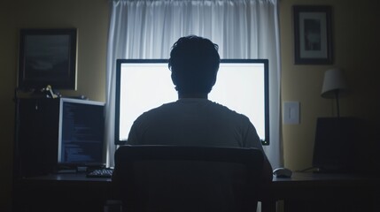 Poster - A person sitting in front of a bright computer screen in a dimly lit room.