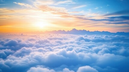 Poster - Sunrise above a sea of clouds with distant mountain peaks, AI