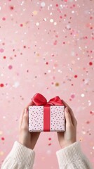 A person holds a gift with a red ribbon against a sparkling pink background