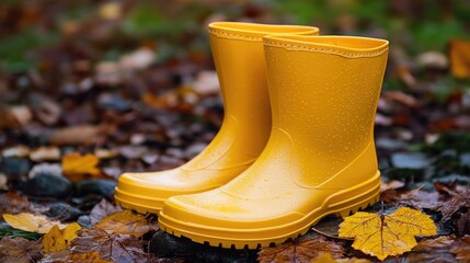 Sticker - A pair of yellow rain boots sits on top of a pile of leaves, great for autumn and nature-themed photos