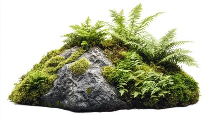 Poster - A close-up shot of a rock covered in moss and ferns, isolated on a white background