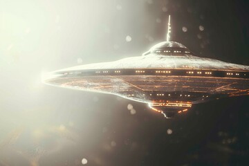 Poster - A futuristic flying saucer hovering in the dark night sky
