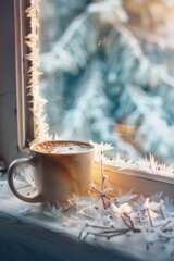Poster - A cup of coffee sits on a window sill, a cozy and inviting scene