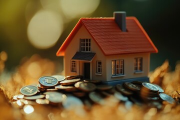 Poster - A small toy house sits atop a pile of coins, perfect for financial or monetary themed projects