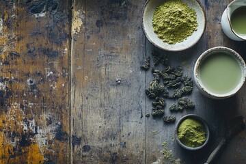 Poster - A wooden table featuring several bowls of steaming hot green tea