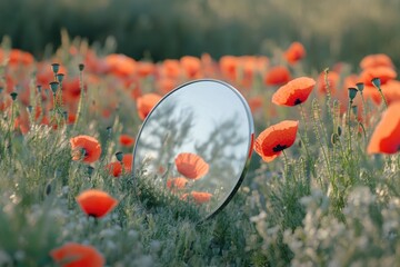 Aufkleber - A field of bright red poppies surrounded by lush greenery, with a reflective mirror in the center