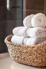 Poster - A basket filled with towels sits on top of a counter, great for adding to interior design or bathroom settings