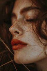 Poster - Close-up portrait of a woman with distinctive freckles, suitable for use in beauty or personal care advertising