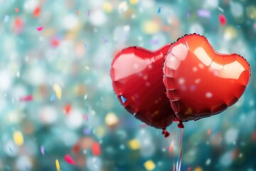Poster - Two red heart-shaped balloons floating in the air