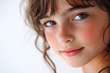 Poster - Close-up portrait of a young girl with distinctive freckles on her face