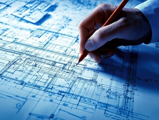 Poster - Engineer or architect drawing on blueprints with a red pencil, highlighting construction details and designs in a well-lit workspace filled with technical plans and schematics.