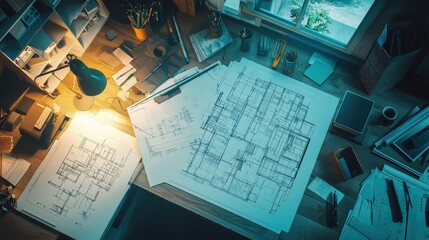 Poster - Detailed Architectural Drawings Spread Out on a Designer's Desk with Tools and Materials, Illuminated by a Desk Lamp in a Cozy Workspace