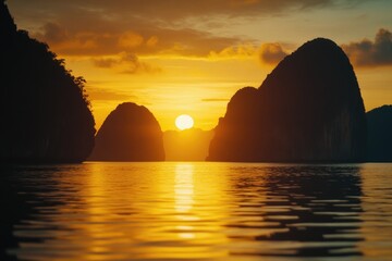 Poster - Panoramic view of a mountain range at sunset, featuring calm water in the foreground