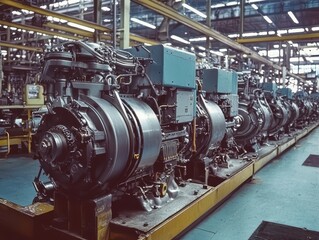 Poster - Industrial Manufacturing Facility Featuring Series of Large Engines on Assembly Line with Bright Lighting and Organized Layout Enhancing Work Efficiency and Productivity