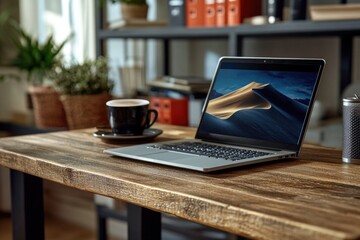 Canvas Print - A laptop computer placed on top of a wooden table