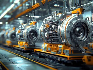 Poster - Industrial Machinery in a High-Tech Manufacturing Facility Showcasing Advanced Engine Production Processes with Detailed Mechanical Components and Robotics