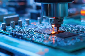Poster - Close-Up of a Laser Precision Cutting Process on a Microchip during Computer Hardware Manufacturing in a High-Tech Workshop Setting with Blue Lighting