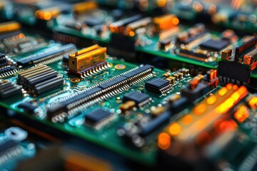 Poster - Close-Up of Intricate Circuit Board with Colorful LED Lights and Microchips Highlighting Modern Technology and Complex Electronic Design Elements
