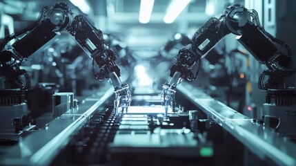 Poster - Advanced Robotic Arms in a High-Tech Manufacturing Facility Performing Precision Assembly of Electronics Components with Enhanced Automation Technology