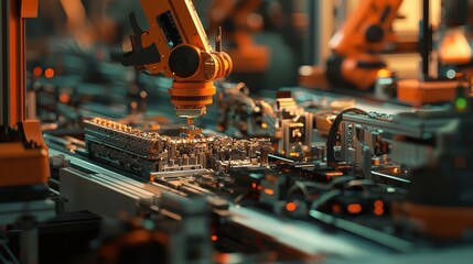 Poster - Advanced robotic automation in a high-tech production environment showcasing intricate machinery, precise robotic arms, and vibrant industrial design elements for future technology innovation.