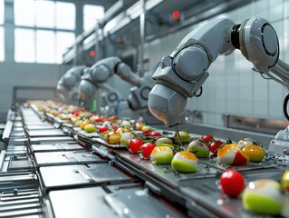 Poster - Advanced Robotic Arms Sorting Fresh Fruits on High-Tech Conveyor Belt in Modern Food Processing Facility with Natural Lighting