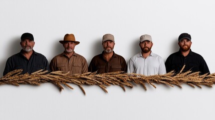 Three men in brown and beige shirts, one with a hat, representing a rustic and agricultural theme.