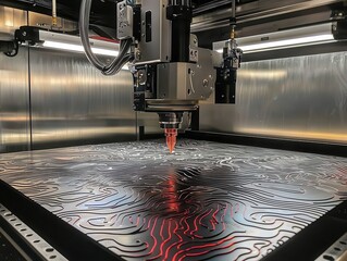 Poster - High-Tech Laser Cutting Machine in Action Engaging in Precision Design with Intricate Patterns on Metal Sheet Surface Under Bright Lighting Conditions