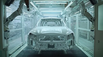 Poster - Advanced Automotive Manufacturing Facility with Robotic Arms Working on Futuristic Vehicle Body in a High-Tech Production Line Environment
