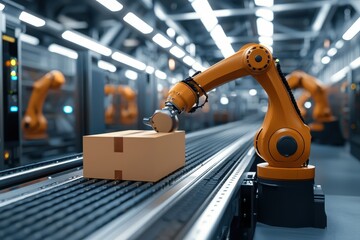 Poster - Advanced Robotic Arm Handling Cardboard Box on Conveyor Belt in Modern Automated Warehouse Environment for Efficient Logistics and Distribution Operations