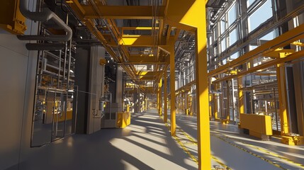 Poster - Bright Industrial Interior with Yellow Structural Elements and Modern Machinery in a Spacious Factory Environment Under Natural Light