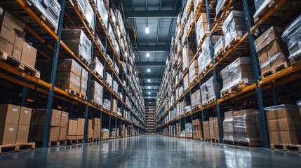Poster - Expansive Warehouse Interior Capturing Large Aisles Stacked with Cardboard Boxes on Shelves in a Modern Logistic Facility with Bright Lighting