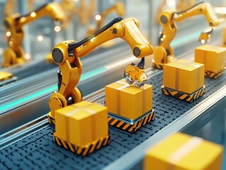 Poster - Automated Robotic Arm Handling Yellow Delivery Boxes on a High-Tech Production Line with Blurred Background and Modern Warehouse Environment